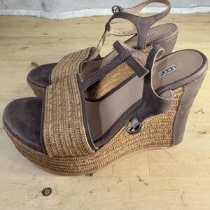 UGG Fitchie Australia Fitchie Taupe Straw Leather Platform Wedge Sandals 7.5